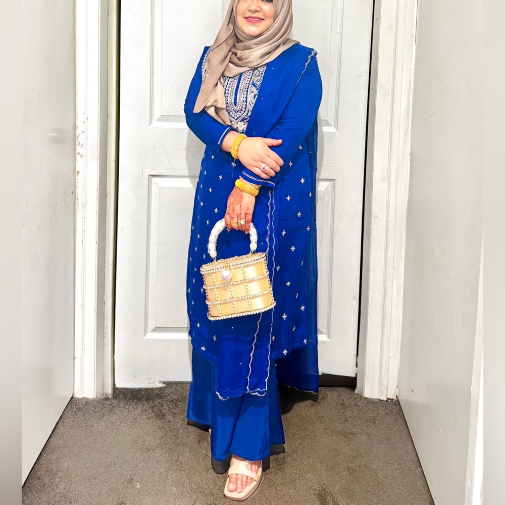 Elegant Royal Blue Maslin Dress with goldenZardowzi/karchupi work